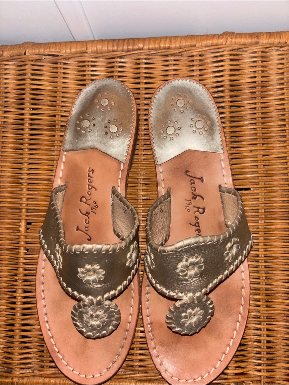 Jack Rogers Metallic Pewter Leather Thong Sandals
